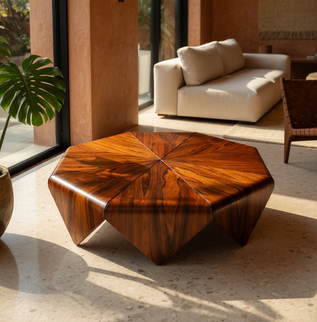 Mesa Pétala de Jorge Zalszupin em madeira com desenho radial vista superior